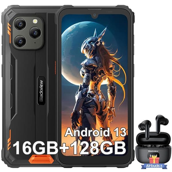Okrossbar smartphone Blackview BV5300 Plus 6,1" 16GB+128GB Android 13 Orange med Blackview Airbuds8 Bluetooth-hörlurar (svarta)