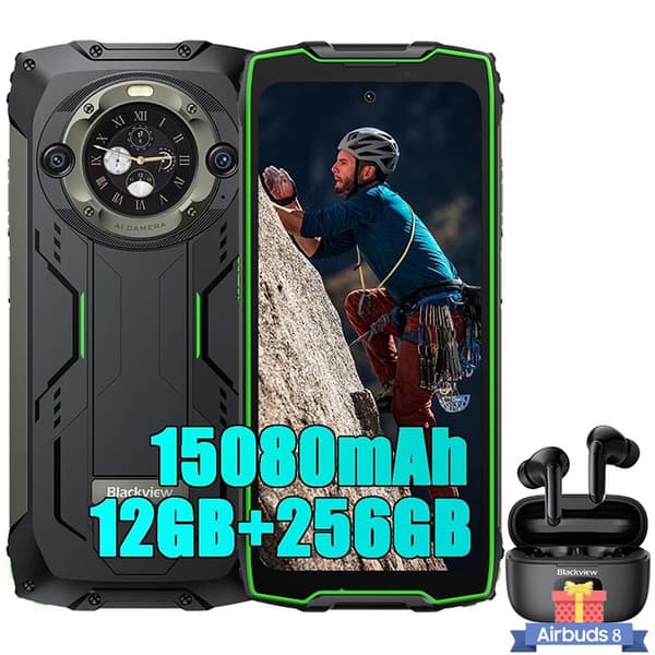 Blackview BV9300 Pro Unbreakable Smartphone 24GB+256GB Android 13 15080mAh 64MP 6,7" Grön med Airbuds 8 Bluetooth-hörlurar (Vit)