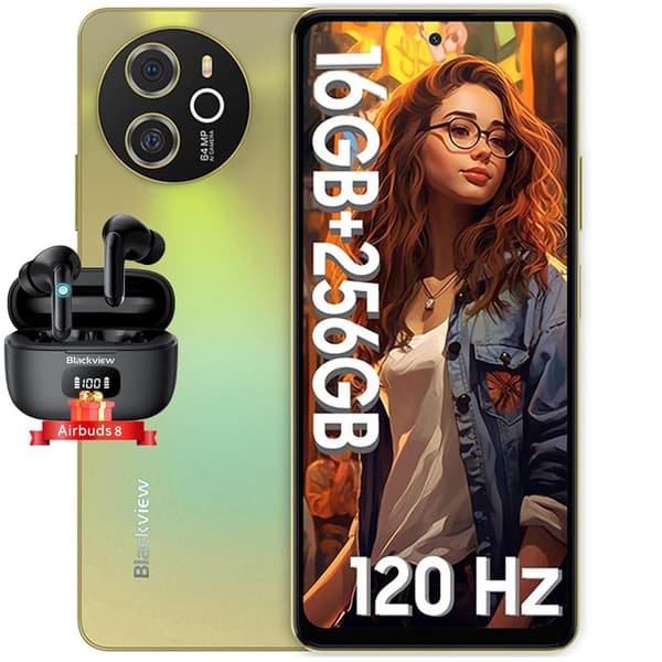 Blackview Shark 8 olåst smartphone 6,78" 2,4K 16GB+256GB 64MP 5000mAh NFC Android 13 Gold med Airbuds 8 Bluetooth-hörlurar