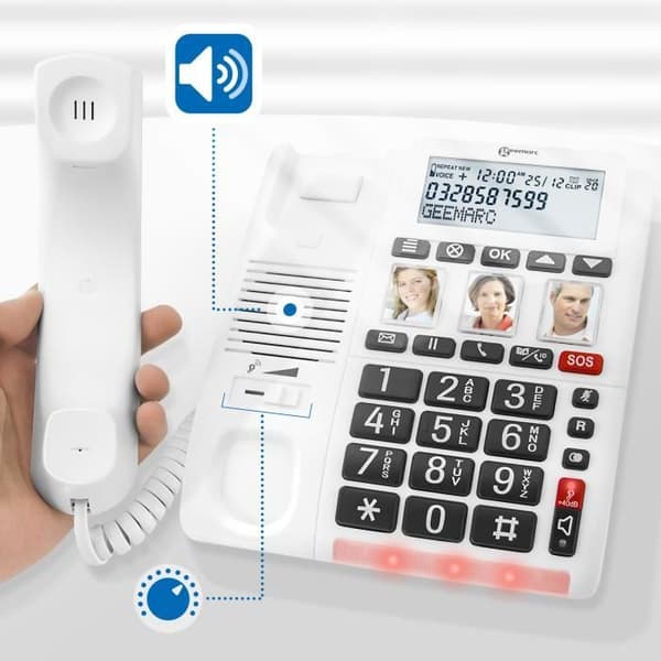 Förstärkt telefon med volymjustering och SOS-fjärrkontroll Geemarc White