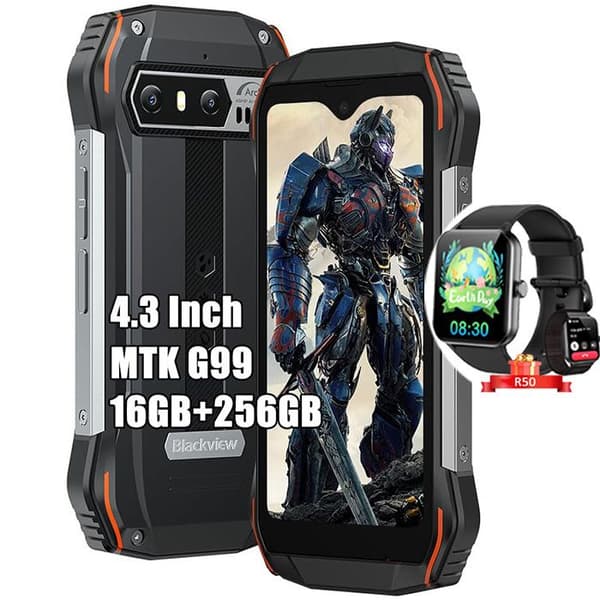 Okrossbar telefon Blackview N6000 4,3" Android 13 16Go+256Go 48MP+16MP NFC Orange med Smartwatch Blackview R50 (Svart)