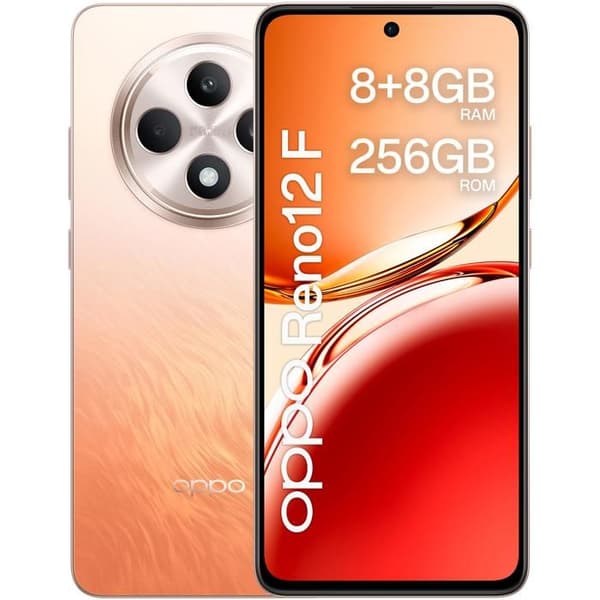 OPPO Reno12 F 4G smartphone i gul orange färg med 6,67" AMOLED-skärm 120 Hz Full HD+, 1080 x 2400 pixlar, 8 GB DDR4 + RAM