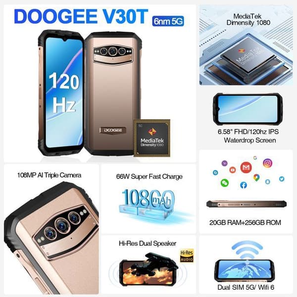 DOOGEE V30T Robust Smartphone 5G 20GB+256GB 6,58" FHD 120Hz 10800mAh/66W 108MP NFC GPS-kamera - Guld