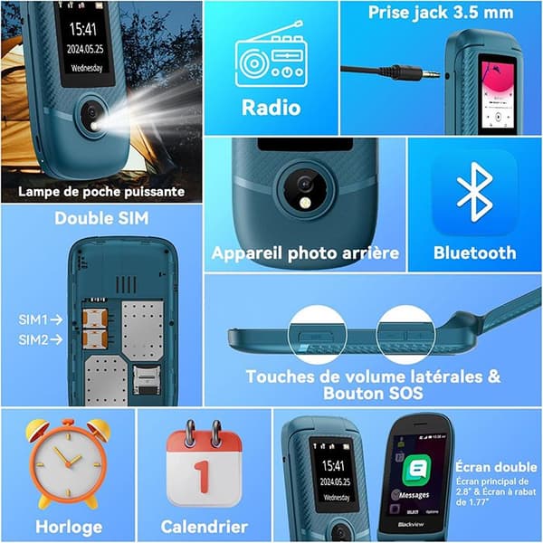 Blackview N2000 olåst Senior Flip-mobiltelefon med 2,8 tum stor skärm, 1500 mAh, FM-radio, Dual SIM 4G - Svart