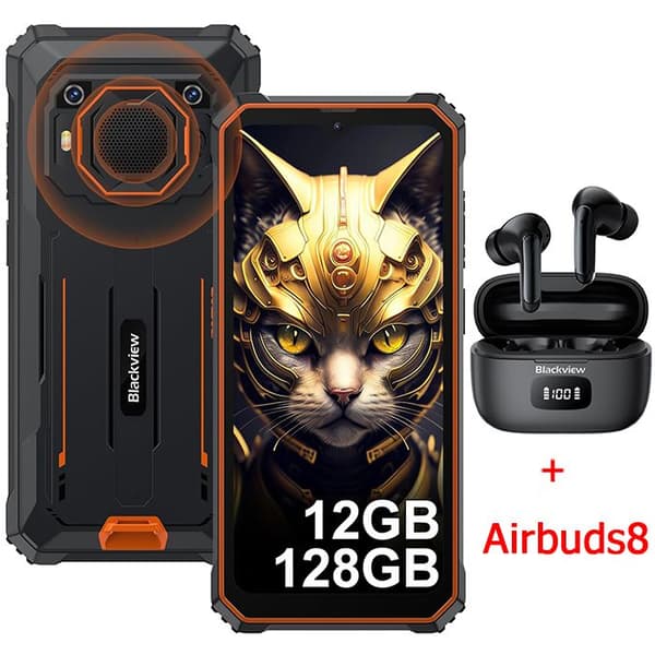 Blackview BV6200 Pro Unbreakable Smartphone Android 13 6,56" 13000mAh 12GB+128GB Orange med Airbuds8 Bluetooth-hörlurar (svart)