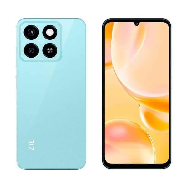 Smartphone ZTE Blade A55 i blå vattenfärg med 6,75" 90Hz Full HD+-skärm, 1080 x 2400 pixlar, 8GB RAM DDR4 + 128GB eMMC och