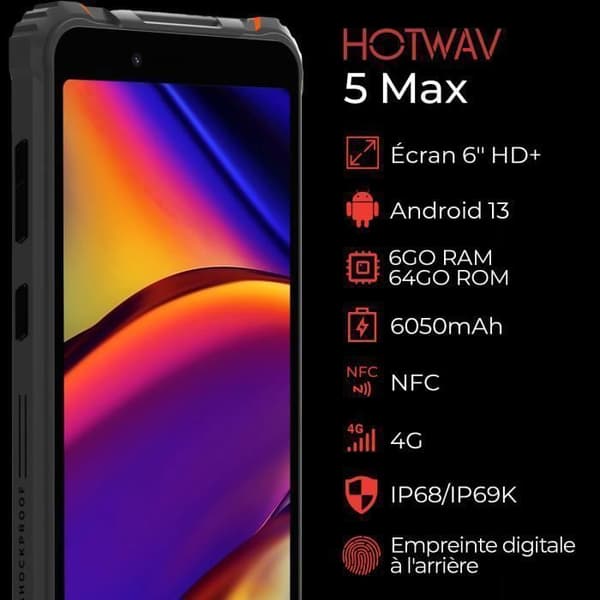 HOTWAV T5 Max Robust smartphone 4GB+64GB 6050mAh 6,0 tums HD-skärm 13MP kamera NFC Vattentät telefon Android 13 - Orange