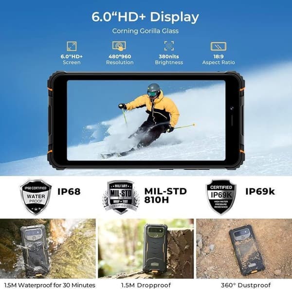 HOTWAV T5 Max Unbreakable Mobiltelefon Android 13, 6050mAh 4GB RAM + 64GB ROM 1TB Expanderbar 6,0" HD+ Smartphone