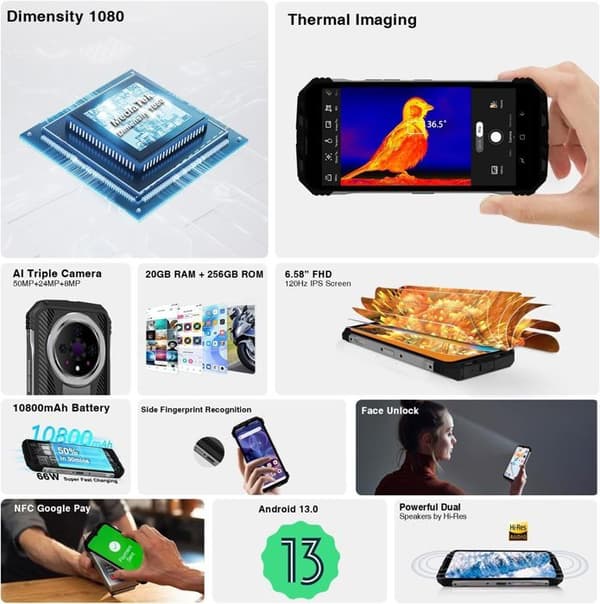 Okrossbar bärbar smartphone - DOOGEE V31GT 5G - Android 13 10800mAh - 58" FHD+ 50MP Night Vision-kamera 20GB+256GB Silver