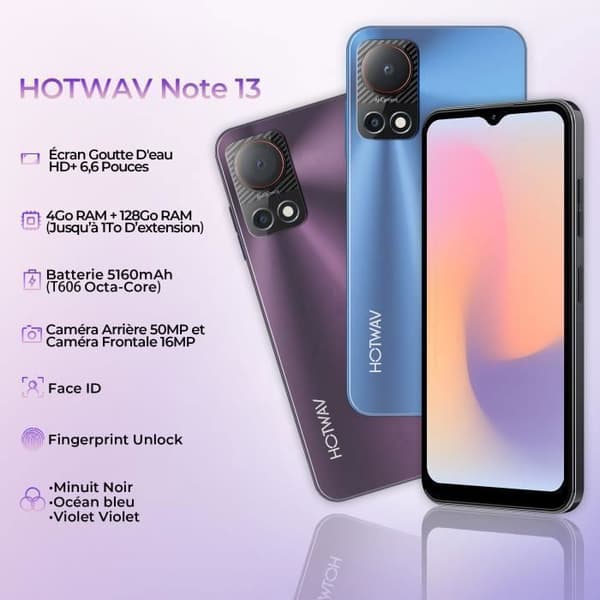 HOTWAV Note 13 Smartphone Billig-Gåvor För Mors Dag|Fars Dag-6.6'' HD+ 5160mAh 4+128Go Kamera 50MP Mobiltelefon 4G - Blå