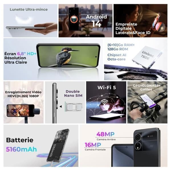 Smartphone HOTWAV Note 12(2024)-Present till Mors-/Farsdag-6,8" 48MP Kamera-6+128Go-5160mAh 4G Mobiltelefon - Svart