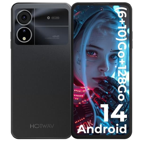 Smartphone HOTWAV Note 12(2024)-Present till Mors-/Farsdag-6,8" 48MP Kamera-6+128Go-5160mAh 4G Mobiltelefon - Svart