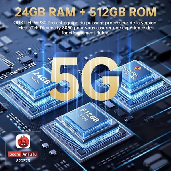 OUKITEL WP30 Pro Smartphones Robust 24Go + 512Go 11000mAh 120W Snabbladdning 108MP 6,78'' baksidan IP68 Telefon 5G NFC GPS - Svart