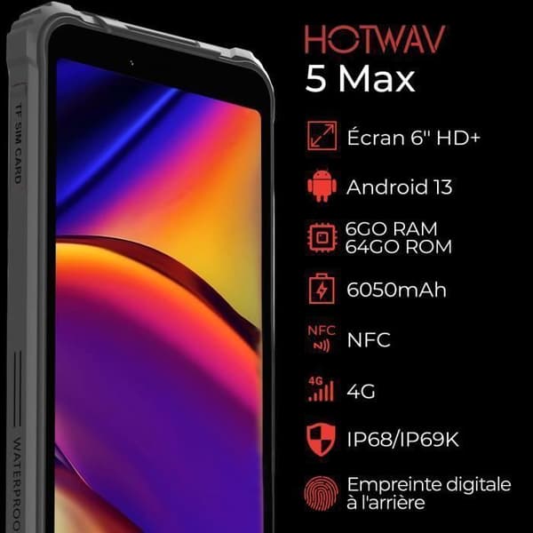 HOTWAV T5 Max Smartphone Robust 4GB + 64GB 6050mAh 6.0 Tum HD Kamera 13MP NFC Vattentät Telefon Android 13 - Grå