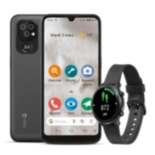 Kort beskrivning: Doro 8100 32GB Grå Smartphone och Doro Watch Black. Android 11 GO, 6,1' skärm, 4G, 13MP kamera, minne