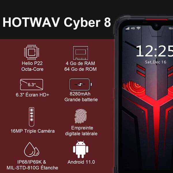 Smartphone Incassabel HOTWAV Cyber 8 - Skärm 6.3'' 64Go 8280mAh - Svart
