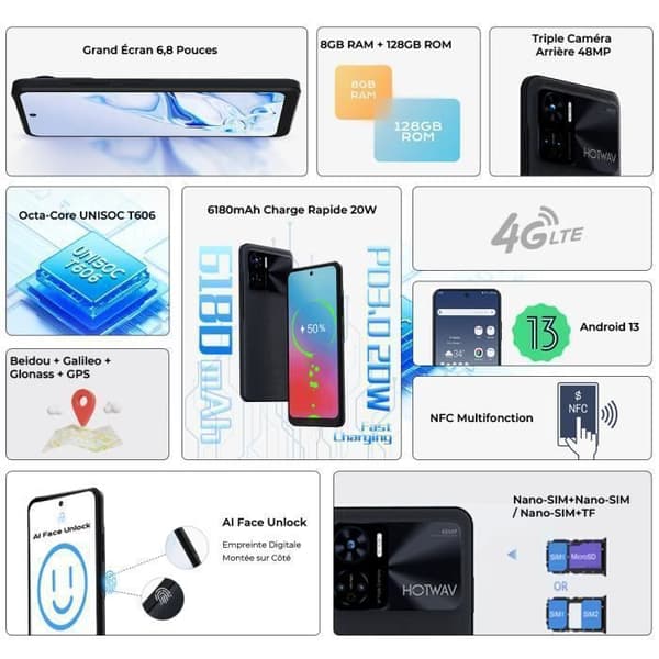 Smartphone HOTWAV Note 12 - Svart - 6,8" - 8GB + 128GB - 6180mAh - Android 13 - Kamera 48MP - Dubbel SIM NFC