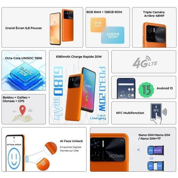 Smartphone HOTWAV Note 12 - 6.8" 48MP Trippelkamera - 8GB RAM + 128GB ROM - NFC - Orange
