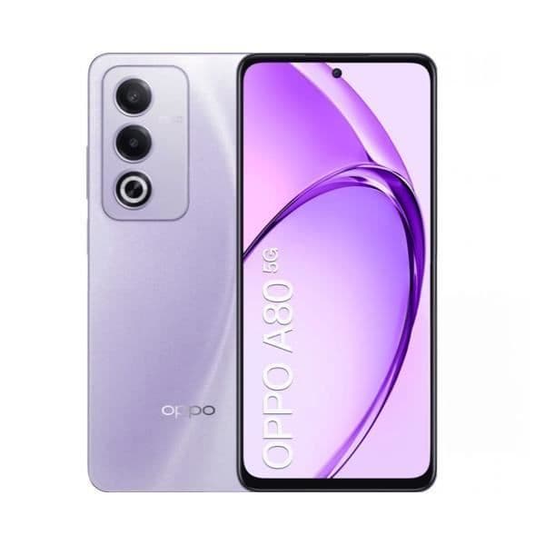 OPPO A80 5G smartphone i lila med 6,67" HD+ skärm 120 Hz, 720 x 1604 pixlar, 8xGB DDR4 RAM + 256GB UFS 2.2 och processor Lila