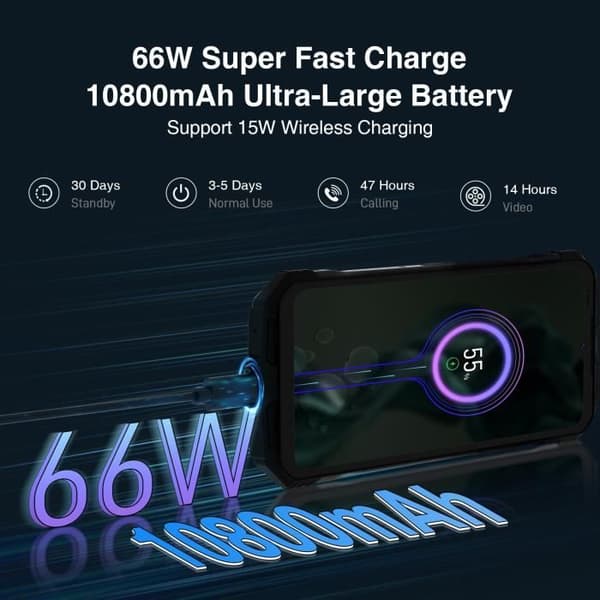 Okningsbar mobiltelefon DOOGEE V30T 5G-BT5.2 20Go+256Go 10800mAh-66W 6.58" FHD+ 120Hz robust smartphone 108MP Dual SIM -Svart