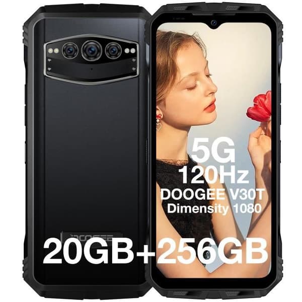 Okningsbar mobiltelefon DOOGEE V30T 5G-BT5.2 20Go+256Go 10800mAh-66W 6.58" FHD+ 120Hz robust smartphone 108MP Dual SIM -Svart