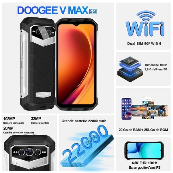 DOOGEE 5G Termisk Smartphone Okrossbar VMAX, 108MP Kamera, 20Go+256Go, 6.58" FHD+, 22000mAh-33W, IP68 Telefon GPS NFC