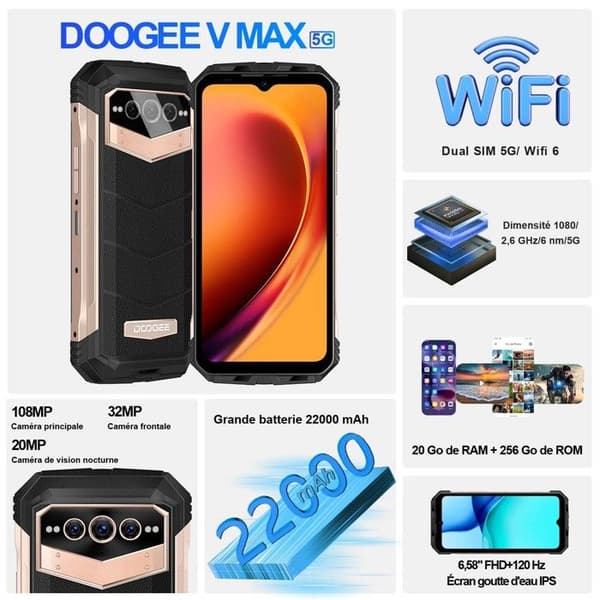 DOOGEE 5G Termisk Kamera Smartphone Okrossbar VMAX, 108MP Kamera, 20Go+256Go, 6.58" FHD+, 22000mAh-33W, IP68 Telefon GPS NFC Guld