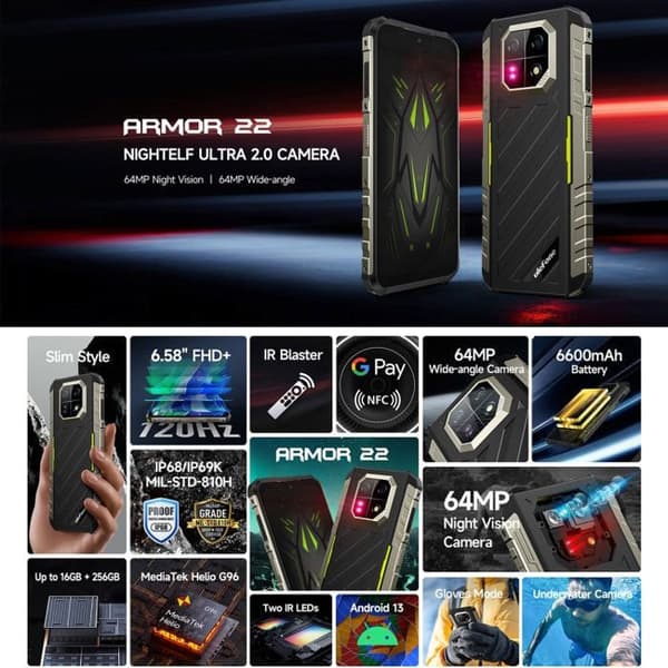 Ulefone Armor 22, 8GB+256GB, 64MP stötsäker telefon