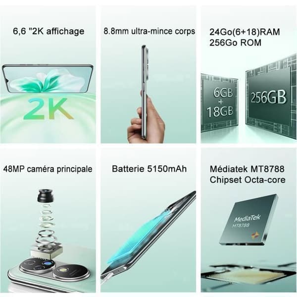 Mobiltelefon OUKITEL C38 - 6,6" 2.0K Skärm - 256 GB - 48MP+32MP - Dubbel SIM 4G Smartphone - 5150mAh - GPS - Grön