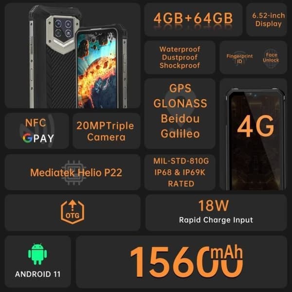 OUKITEL WP15 S Smartphone Låst upp Stor Batteri 15600mAh Oförstörbar Telefon WP15S Skärm 6.52 Tum 4Go 64Go Android 11