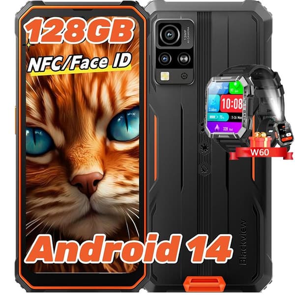 Blackview BV4800 Pro Mobiltelefon Slitstark 6,56" 12Go+128Go Android 14 Dual SIM NFC Orange med Smartwatch Blackview W60
