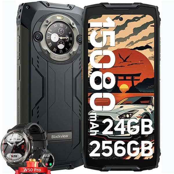 Blackview BV9300 Pro Mobiltelefon Slitstark 6.7" 24Go+256Go 15080mAh 33W 64MP NFC Svart med Smartwatch Blackview W50 Pro
