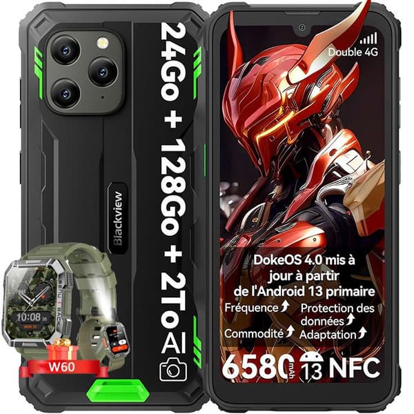 Blackview BV5300 Plus Smartphone Incassable 6,1" 24Go+128Go NFC Grön med Smartwatch Blackview W60