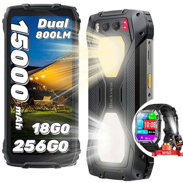 Blackview BV7300 Smartphone Robust 6.67" 256Go 50MP 15000mAh Svart med Smartwatch Blackview W60
