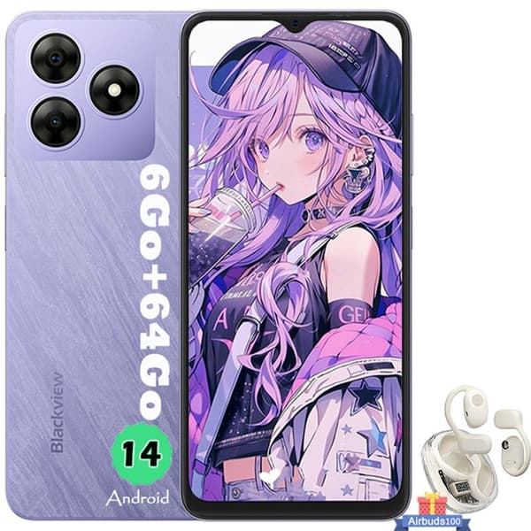 Blackview WAVE 8C Mobiltelefon 6,56" 6GB+64GB 13MP+8MP 4700mAh Dual SIM Lila med Blackview AirBuds 100