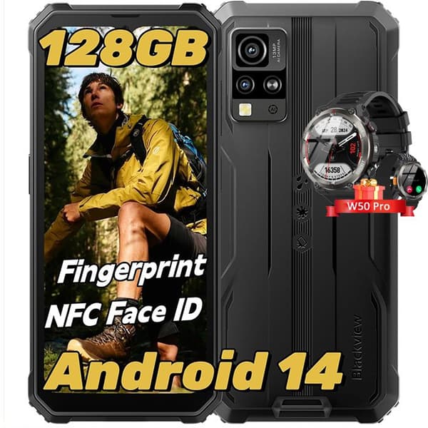 Blackview BV4800 Pro Smartphone Okrossbar 6,56" 12Go+128Go Android 14 Dual SIM NFC Svart med Smartwatch Blackview W50 Pro