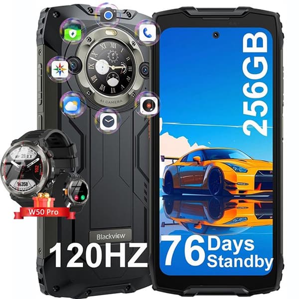 Blackview BV9300 Pro Mobiltelefon Okrossbar 6.7" 16GB+256GB 15080mAh 33W 64MP NFC Svart med Smartwatch Blackview W50 Pro