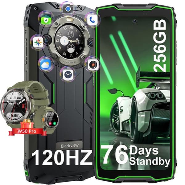 Blackview BV9300 Pro Mobiltelefon Okrossbar 6.7" 16Go+256Go 15080mAh 33W 64MP NFC Grön med Smartwatch Blackview W50 Pro