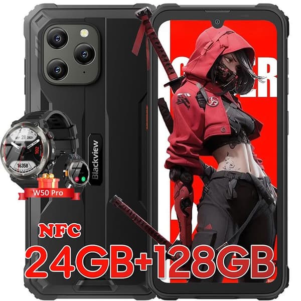 Mobiltelefon Oskärlig Blackview BV5300 Plus 6,1" 24Go+128Go NFC Svart med Smartwatch Blackview W50 Pro