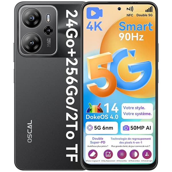 Mobiltelefon 5G Oscal Tiger 13 6,67" (8+16)GB RAM 256GB/SD 1TB Kamera 50MP 5000mAh Android 14 NFC Dual SIM GPS - Svart