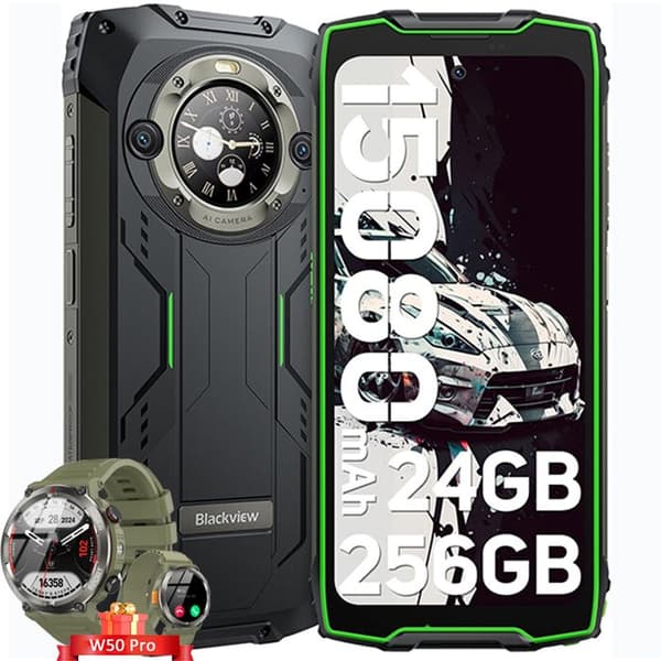 Blackview BV9300 Pro Mobiltelefon Oknäckbar 6.7" 24Go+256Go 15080mAh 33W 64MP NFC Grön med Smartwatch Blackview W50 Pro