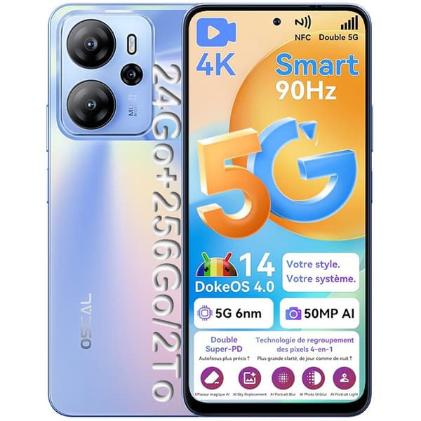 Mobiltelefon 5G Oscal Tiger 13 6.67" (8+16)GB RAM 256GB/SD 1TB Kamera 50MP 5000mAh Android 14 NFC Dual SIM GPS - Blå