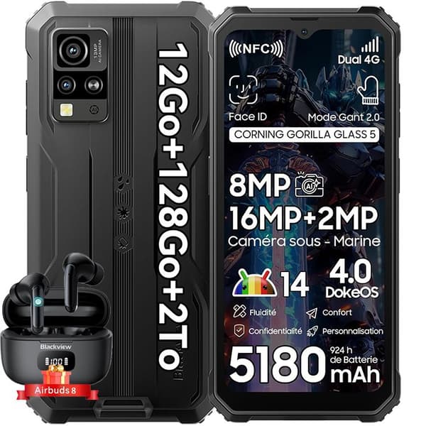 Blackview BV4800 Pro Smartphone Oförstörbar 6,56" 12Go+128Go Android 14 Dual SIM NFC Svart med Blackview Airbuds 8