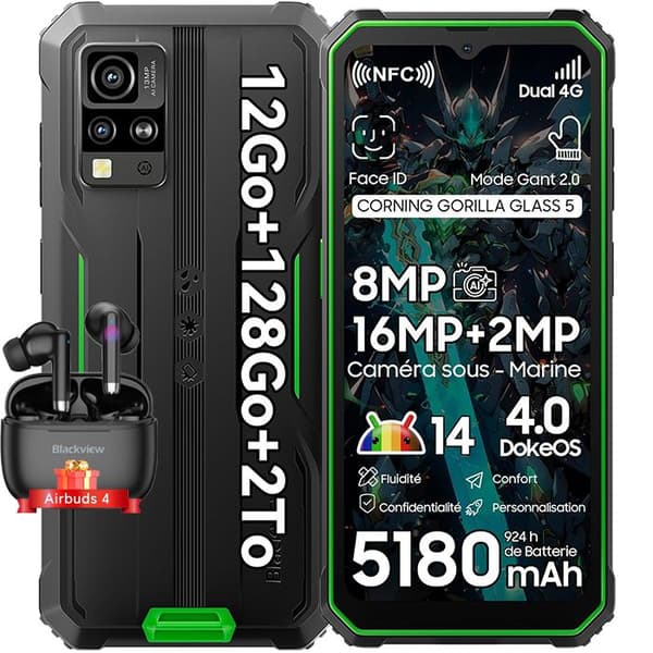 Blackview BV4800 Pro smartphone Incassable 6,56" 12Go+128Go Android 14 Dual SIM NFC Grön med Blackview Airbuds 8