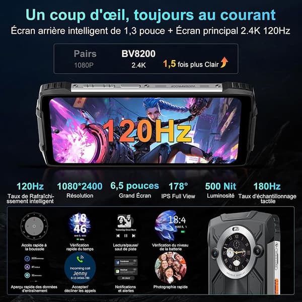 Blackview BV8200 Smartphone Incassable Dubbel skärm 6.5" 256 Go 8800mAh Svart med Smartwatch Blackview W50