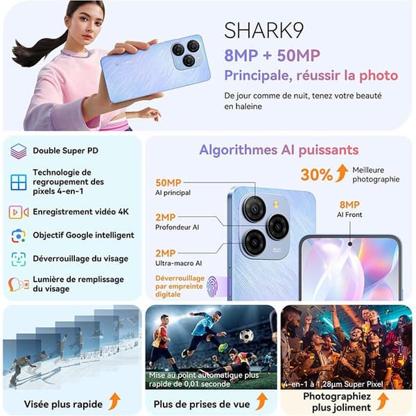 Mobiltelefon 5G Blackview Shark 9 NFC (8+16)Go RAM 256Go ROM Android 14 6.67" 50MP 5000mAh Dubbelsim - Svart