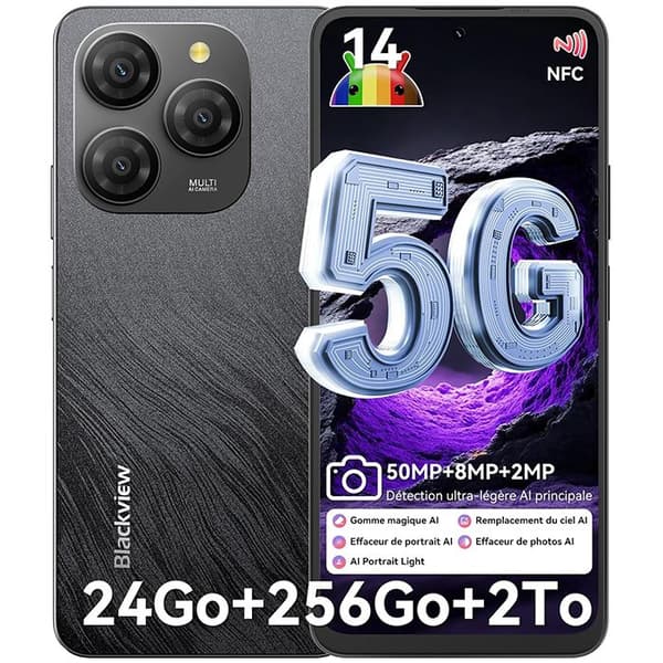 Mobiltelefon 5G Blackview Shark 9 NFC (8+16)Go RAM 256Go ROM Android 14 6.67" 50MP 5000mAh Dubbelsim - Svart