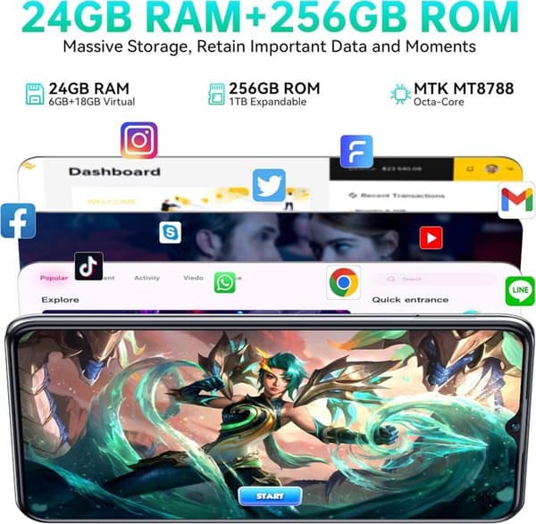 OUKITEL C38 Mobiltelefon 24Go + 256Go/ TF 1To Skärm 6.6" 2K FHD+ 5180mAh 48MP+32MP Android 13 Smartphone Dual SIM 4G Svart