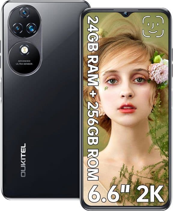 OUKITEL C38 Mobiltelefon 24Go + 256Go/ TF 1To Skärm 6.6" 2K FHD+ 5180mAh 48MP+32MP Android 13 Smartphone Dual SIM 4G Svart