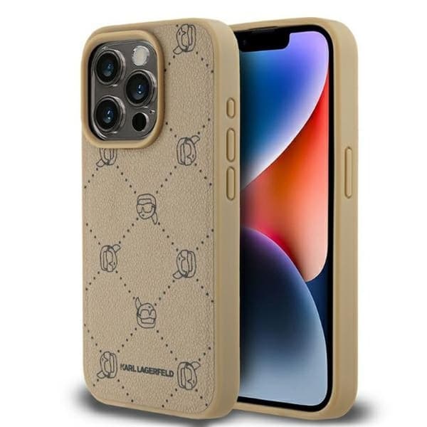 IPhone 15 Pro-fodral - Karl Lagerfeld Läder MagSafe (KLHMP15LPGKHPHE) - Beige Karl-huvud